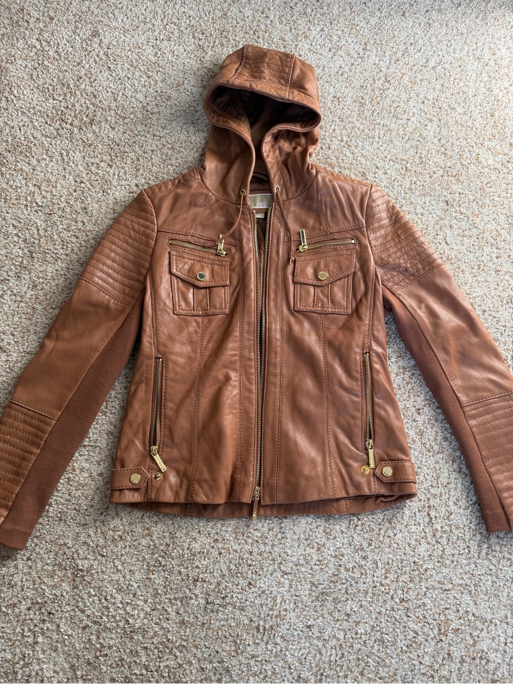 Michael Kors Hooded Leather Jacket with Gold Hardware